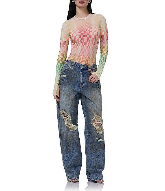 AFRM Kaylee Mesh Geometric Print Crew Neck Long Sleeve Top Product Image