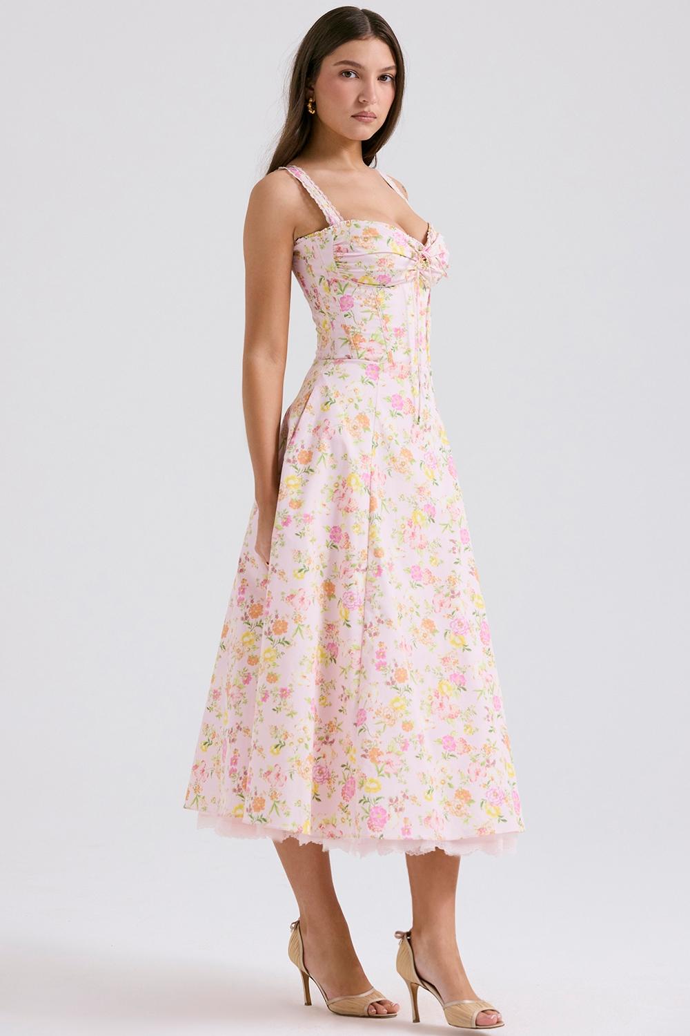 Rosalee  pink meadow print cotton bustier sundress Product Image