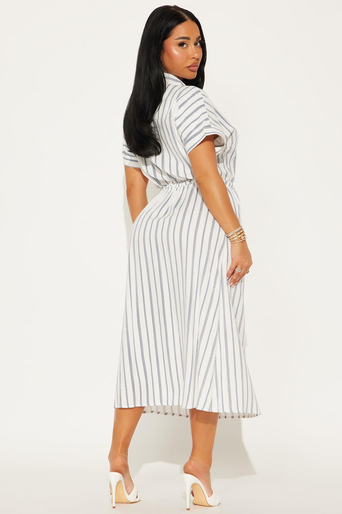 Casual Day Pinstripe Linen Midi Dress - Navy/combo Product Image
