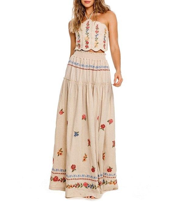 Agua Bendita Serenity Blush Floral Embroidered Halter Neck Scallop Crop Top Product Image