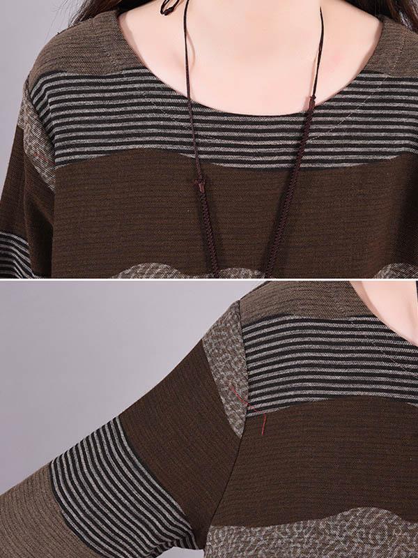 Artistic Retro Loose Ramie Cotton Striped Multi-Colored Round-Neck Long Sleeves Midi Dress Product Image