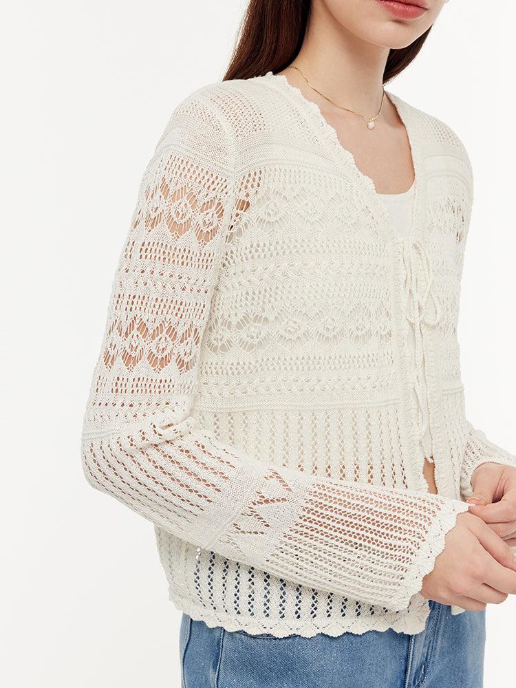 Linen Cotton Openwork Tie Front Women Cardigan Product Image