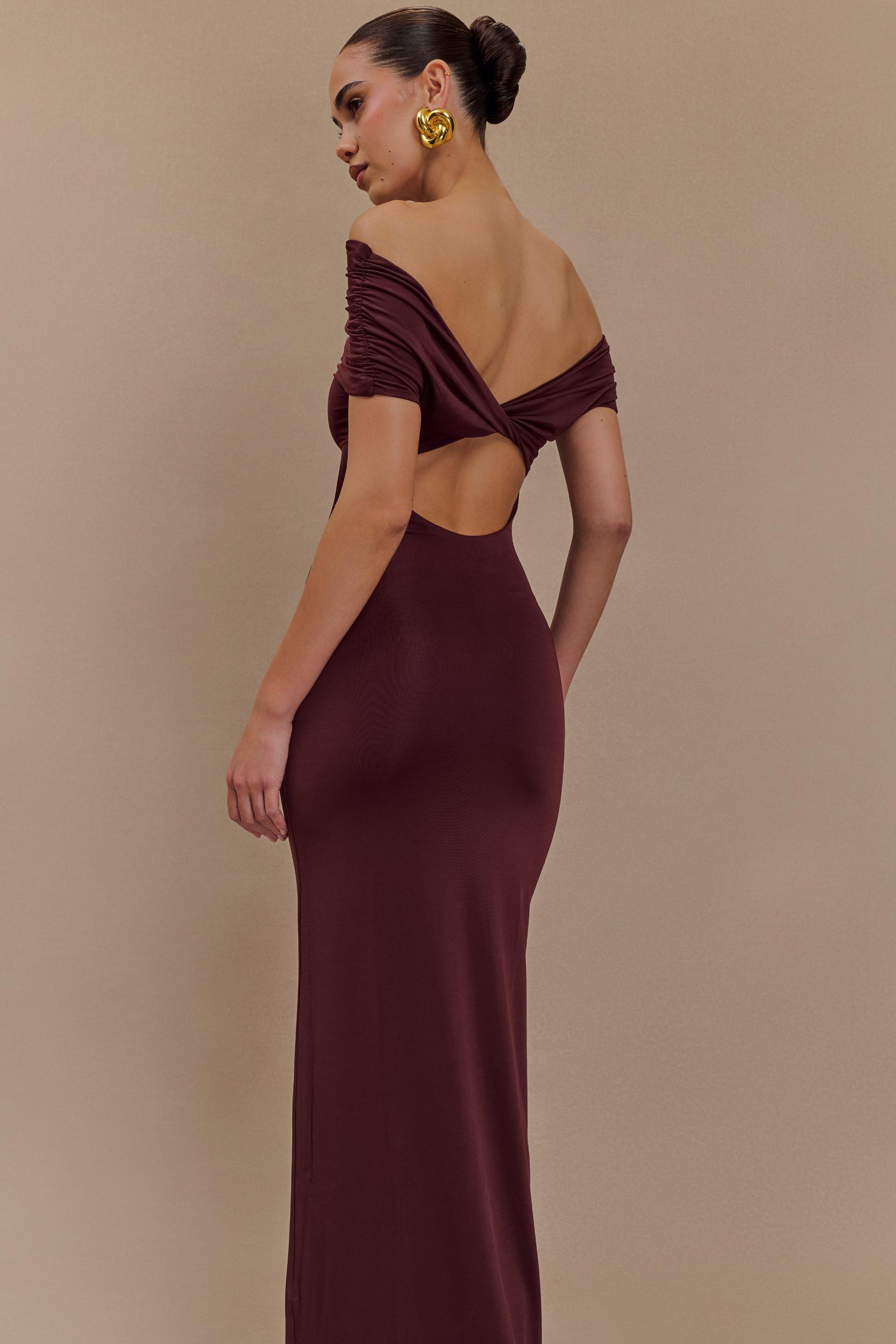 Imogen Off Shoulder Slinky Maxi Dress - Mahogany Product Image