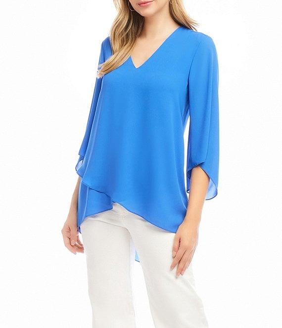 Karen Kane V-Neck 3/4 Flare Sleeve Asymmetric Crossover Hem Top Product Image