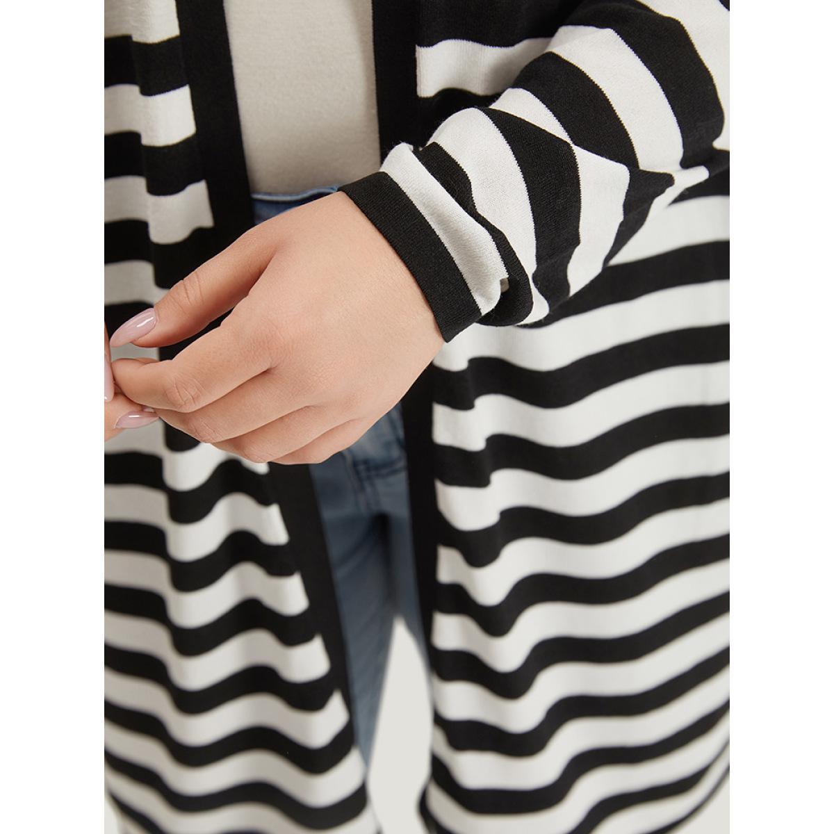 Plus Size Striped Open Front Drop Shoulder Tunic Cardigan Black Women Casual Loose Long Sleeve Dailywear Cardigans BloomChic 26/4X Product Image