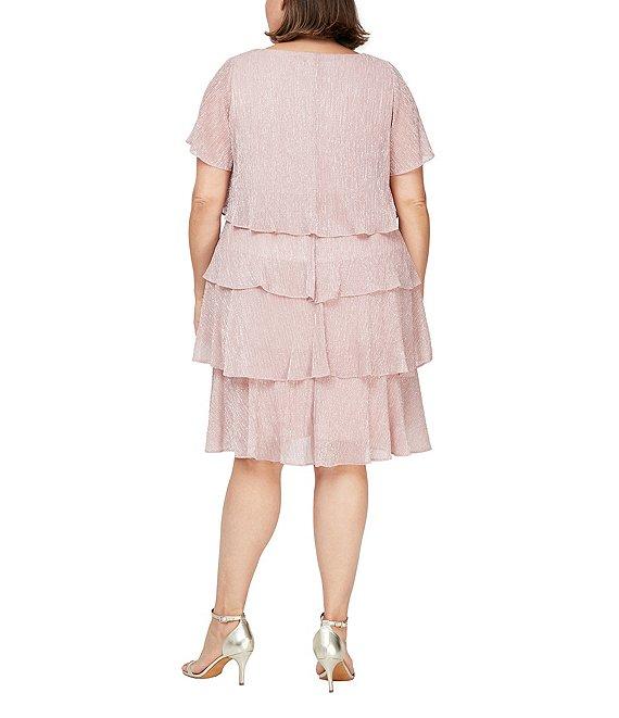Ignite Evenings Plus Size V-Neck Shimmer Tiered Short Sleeve Dress Product Image