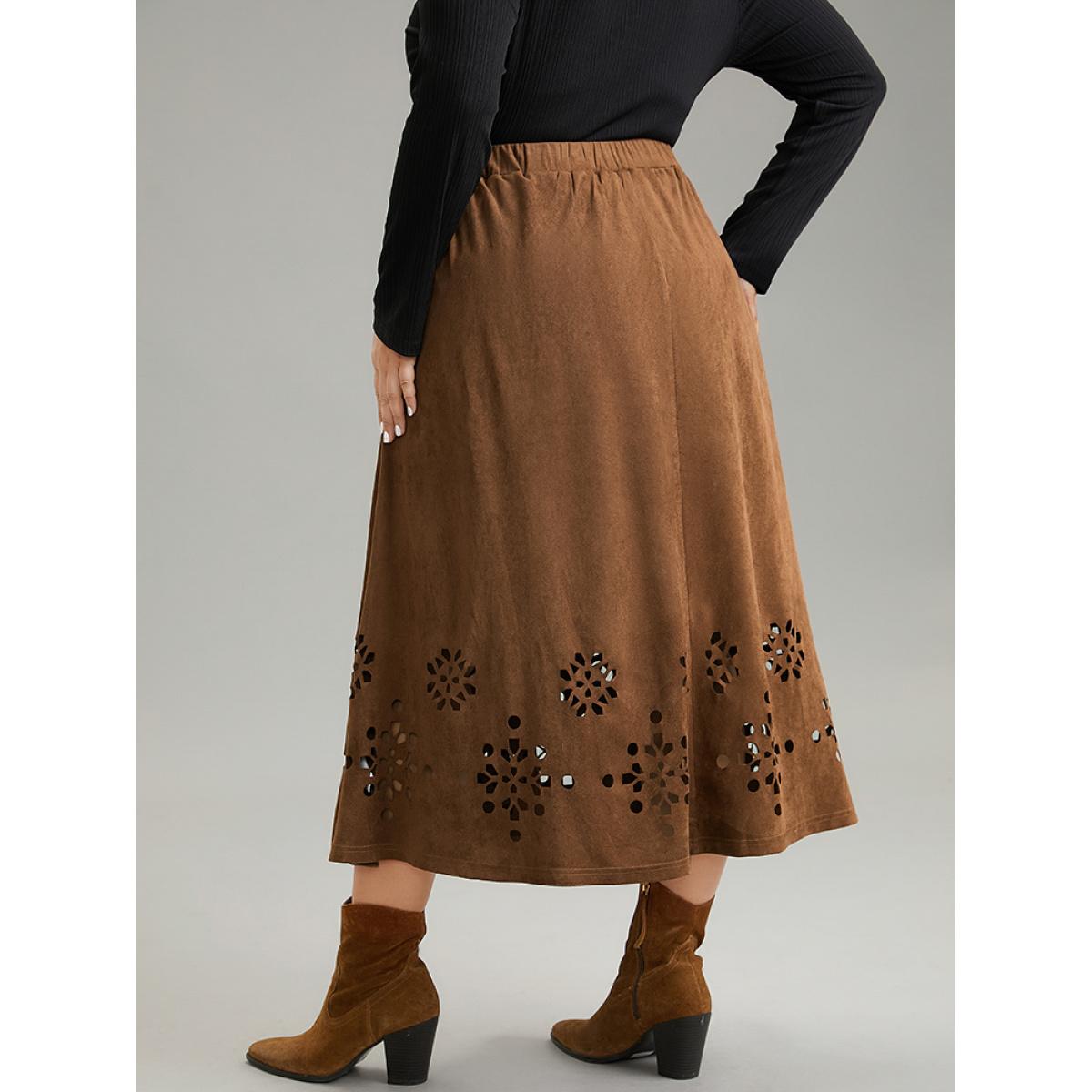 Plus Size Plain Elastic Waist Pocket Laser Cut Skirt Women DarkBrown Office Plain No stretch Pocket Work Skirts BloomChic 30/6X Product Image