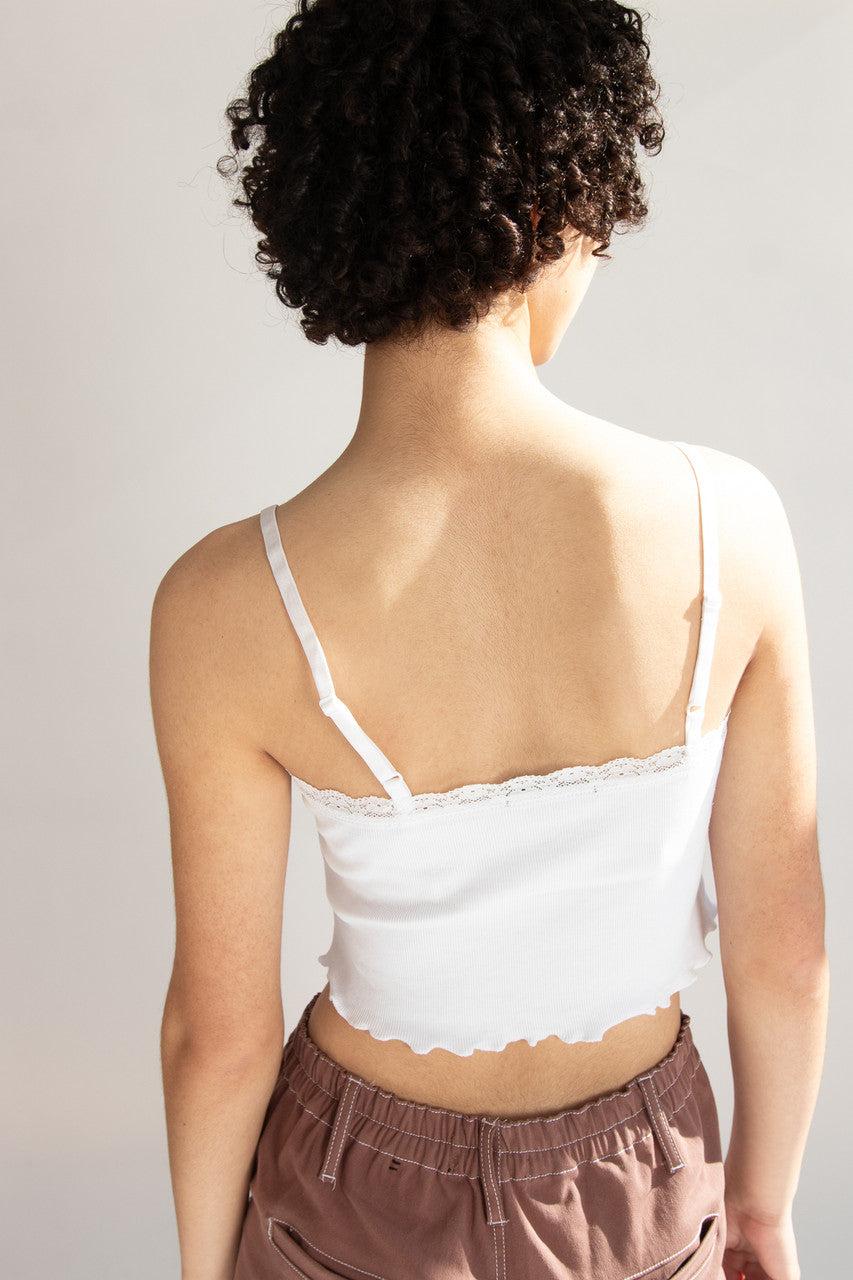 White Lace Trim Ribbed Crop Cami Product Image