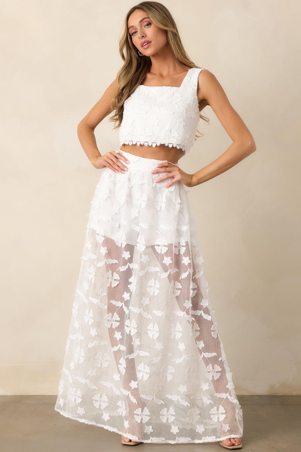 Quiet Waves White Embroidered Midi Skirt Product Image
