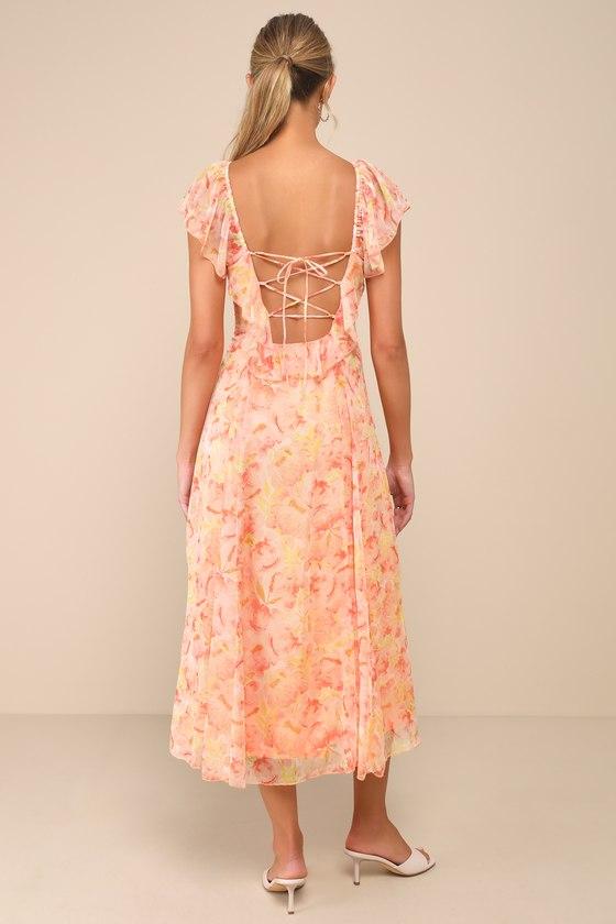 Pristine Darling Peach Floral Ruffled Lace-Up Midi Dress Product Image