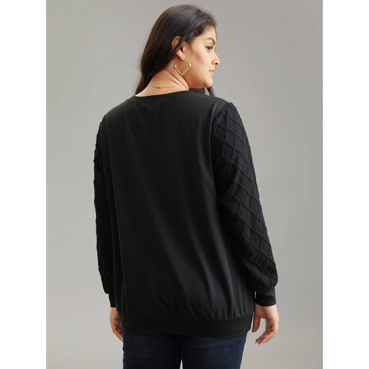 Plus Size Plain Textured Patchwork Jacquard Sweatshirt Women Black Casual Texture V-neck Dailywear Sweatshirts BloomChic 10/M Product Image