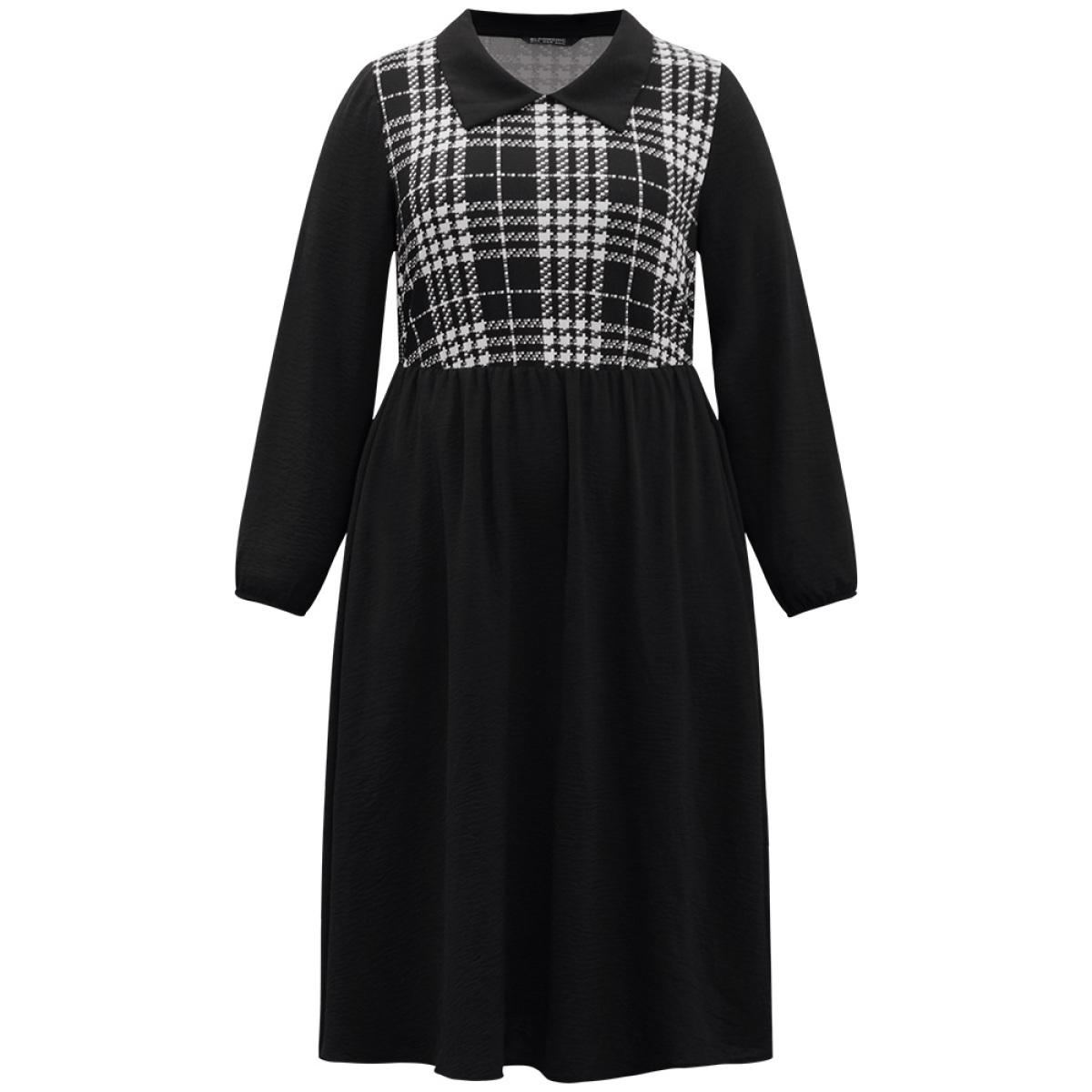 Plus Size Plaid Patchwork Lapel Collar Pocket Dress Black Women Office Patchwork Lapel Collar Long Sleeve Curvy Midi Dress BloomChic 10/M Product Image