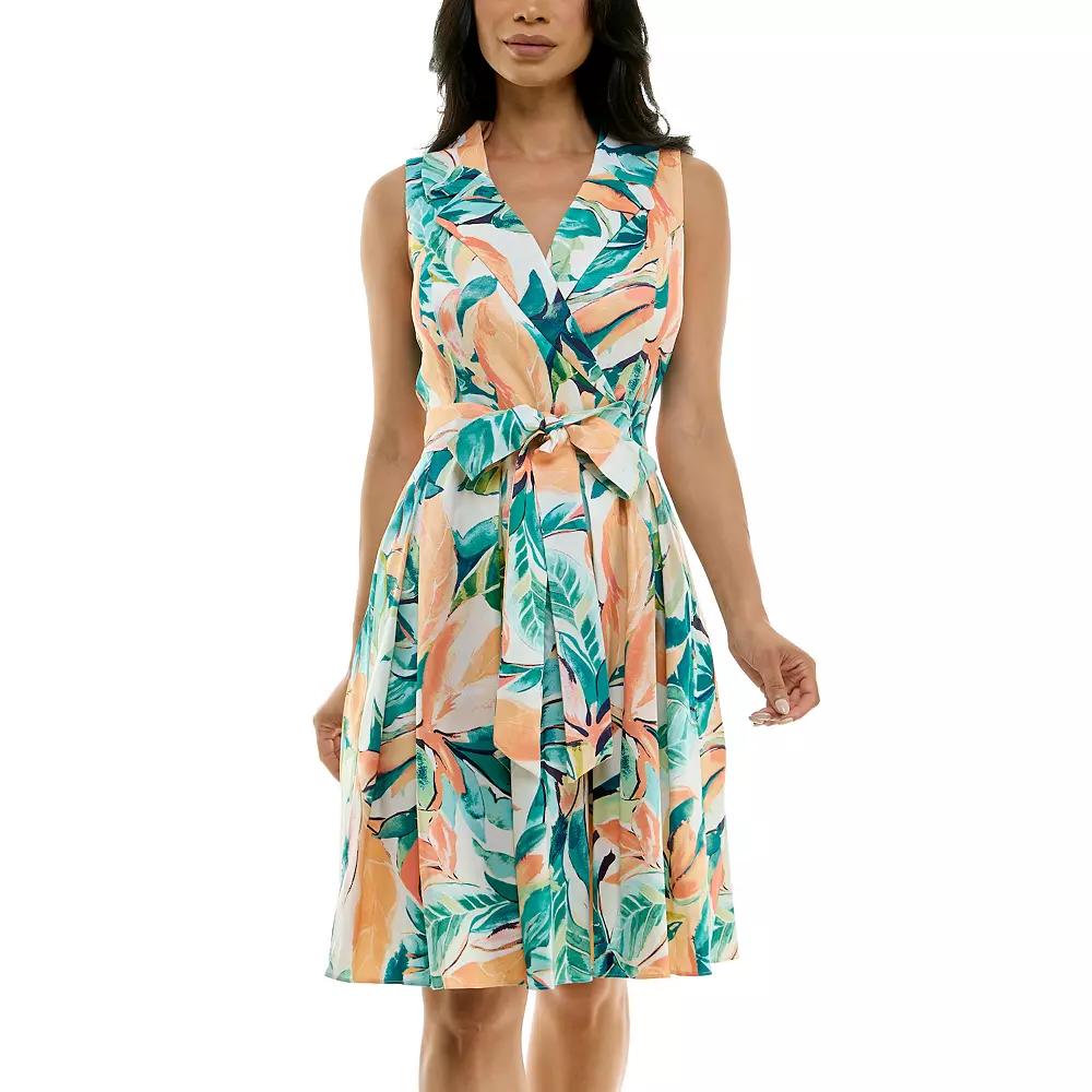 Women's Nina Leonard Floral Print Tie Waist Collared Sleeveless Fit & Flare Dress,  Product Image