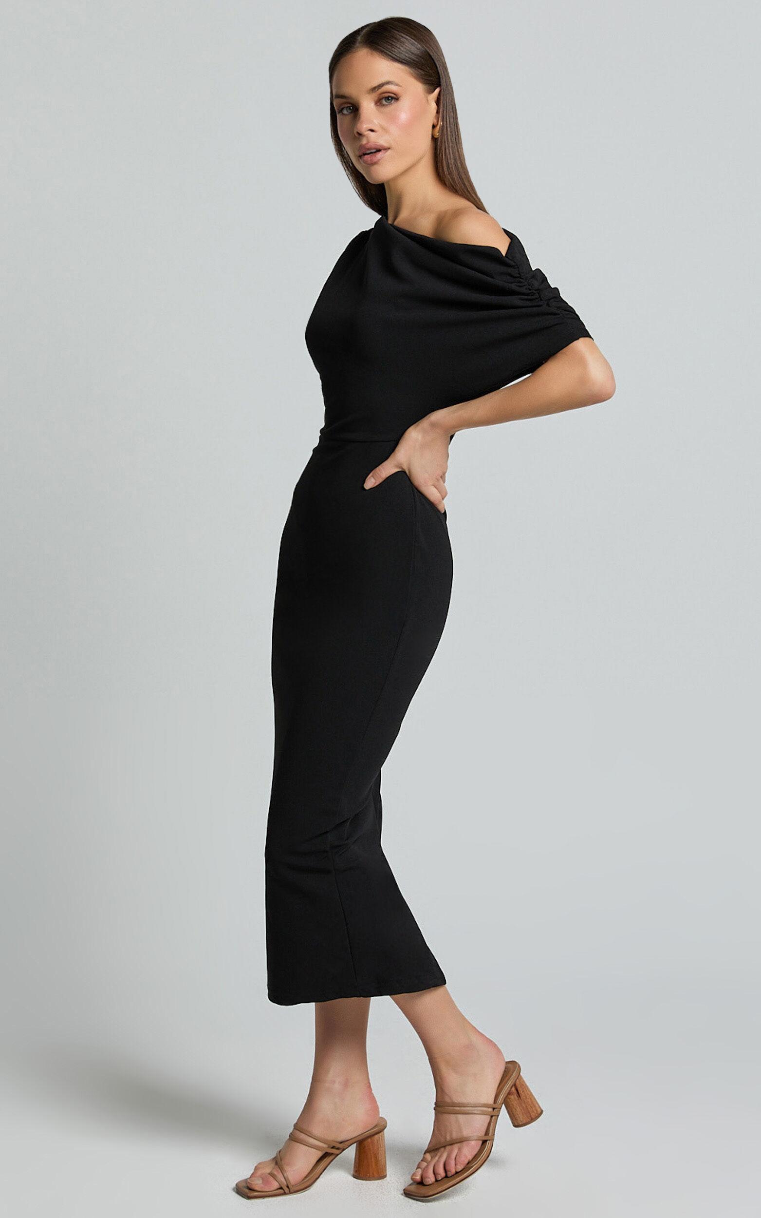 Nalfie Midi Dress - Tipped Shoulder Jersey Drape Dress in Black Product Image