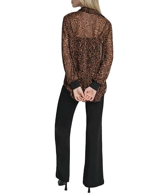DKNY by Donna Karan Cheetah Print Crinkle Chiffon Long Sleeve Collared Button Front Blouse Product Image