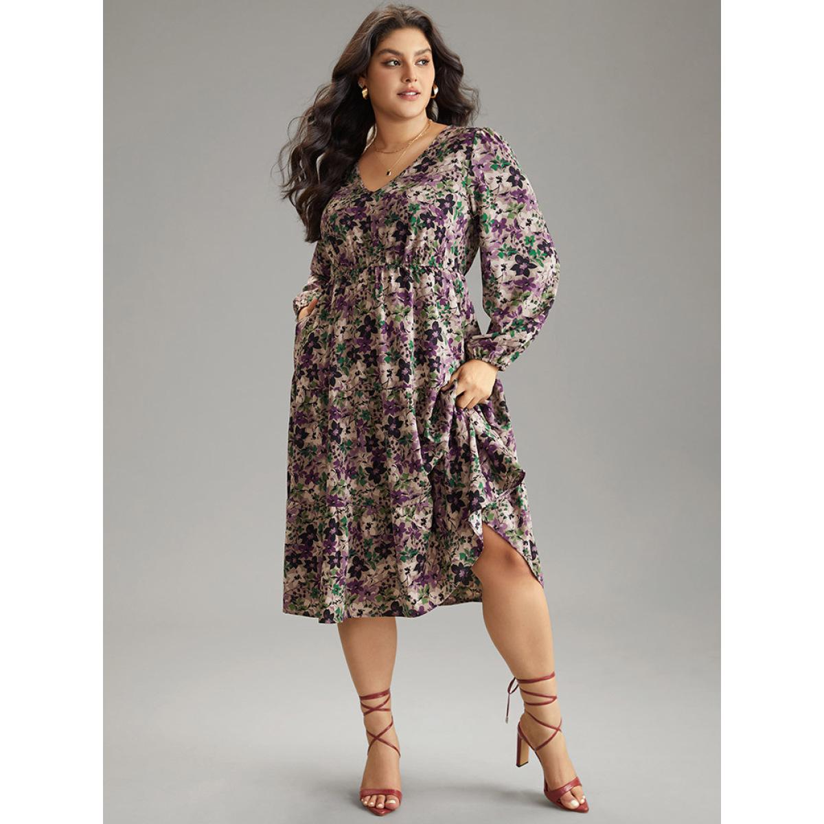 Plus Size Floral Gathered Ruffle Layered Hem Dress Mauve Women Elegant Elastic cuffs V-neck Long Sleeve Curvy Midi Dress BloomChic 28/5X Product Image
