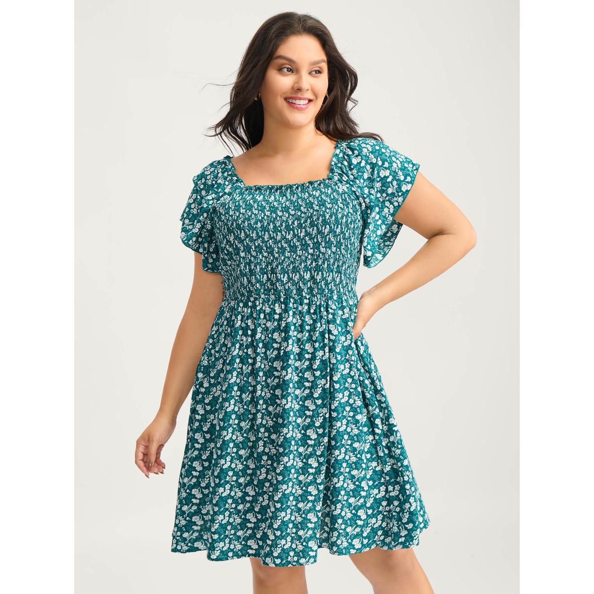 Plus Size Rayon Layered Sleeve Shirred Midi Dress Teal Women Square Neck Cap Sleeve Curvy BloomChic 22-24/3X Product Image