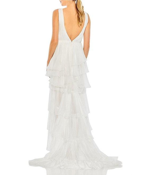 Mac Duggal Double V Neck Built in Bodysuit Hi Low Tiered Gown Product Image