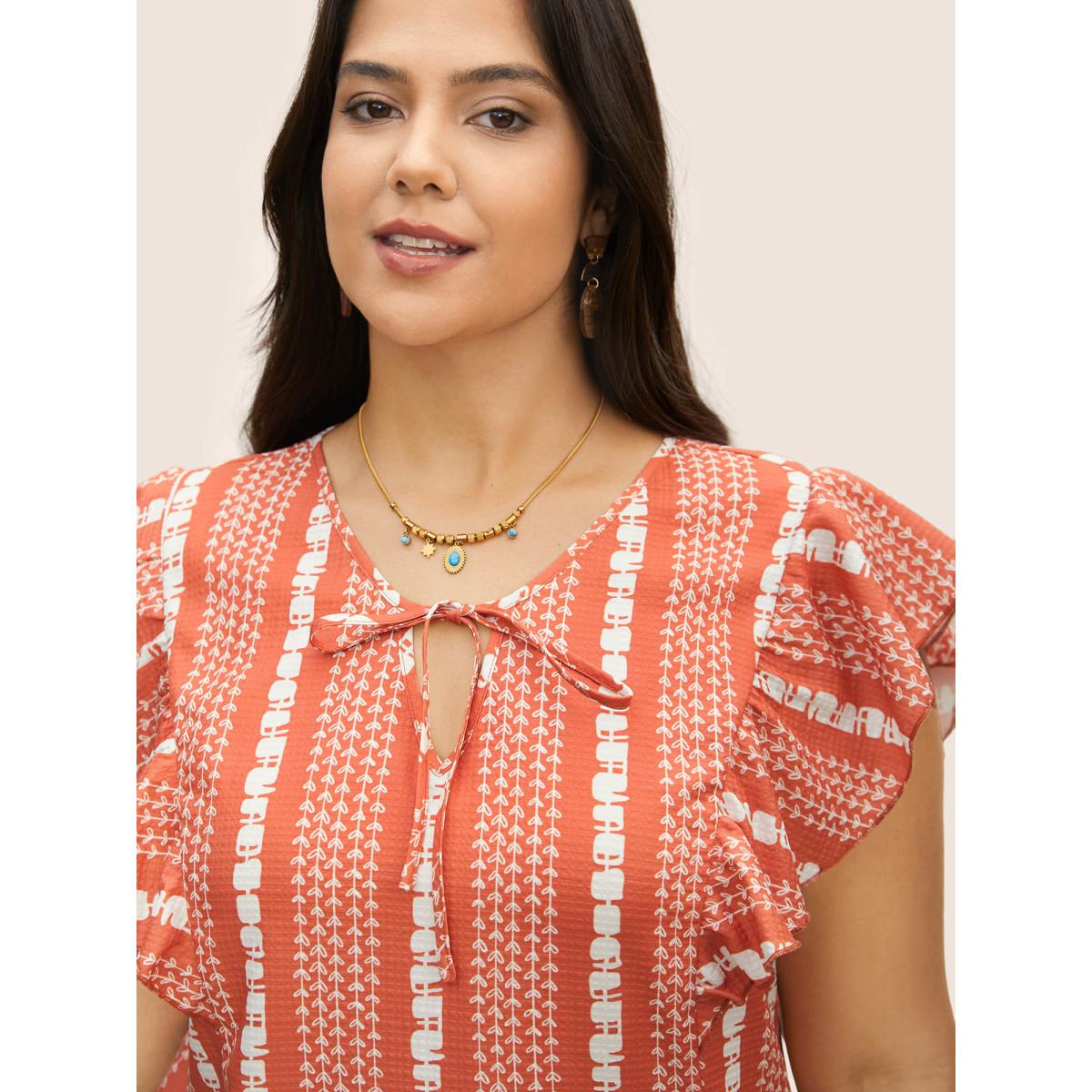 Plus Size Brightorange Boho Print Lace Panel Cap Sleeve Blouse Women Resort Cap Sleeve V-neck Vacation Blouses BloomChic 10/M Product Image