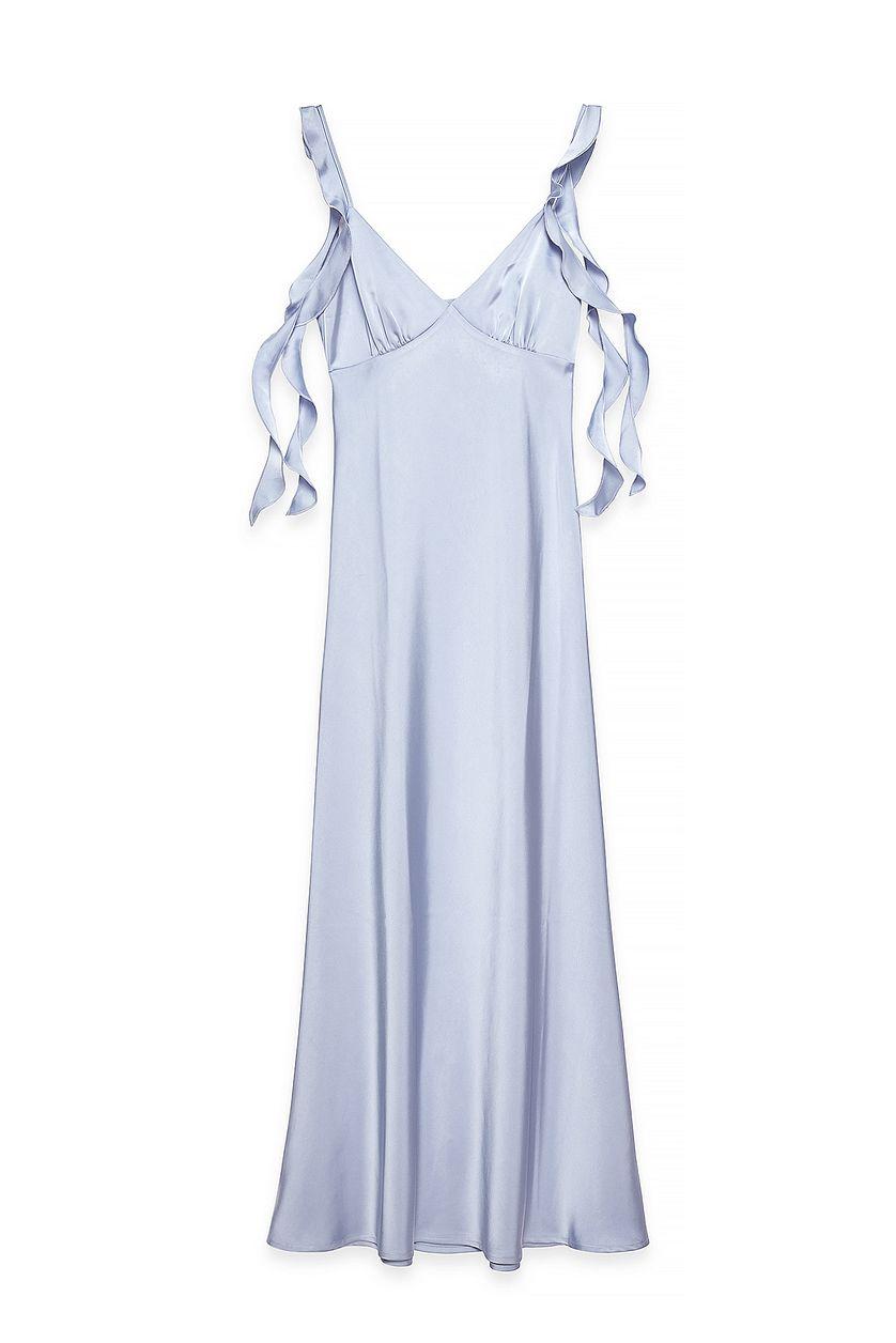 Satin Ruffle Shoulder Midi Dress Product Image