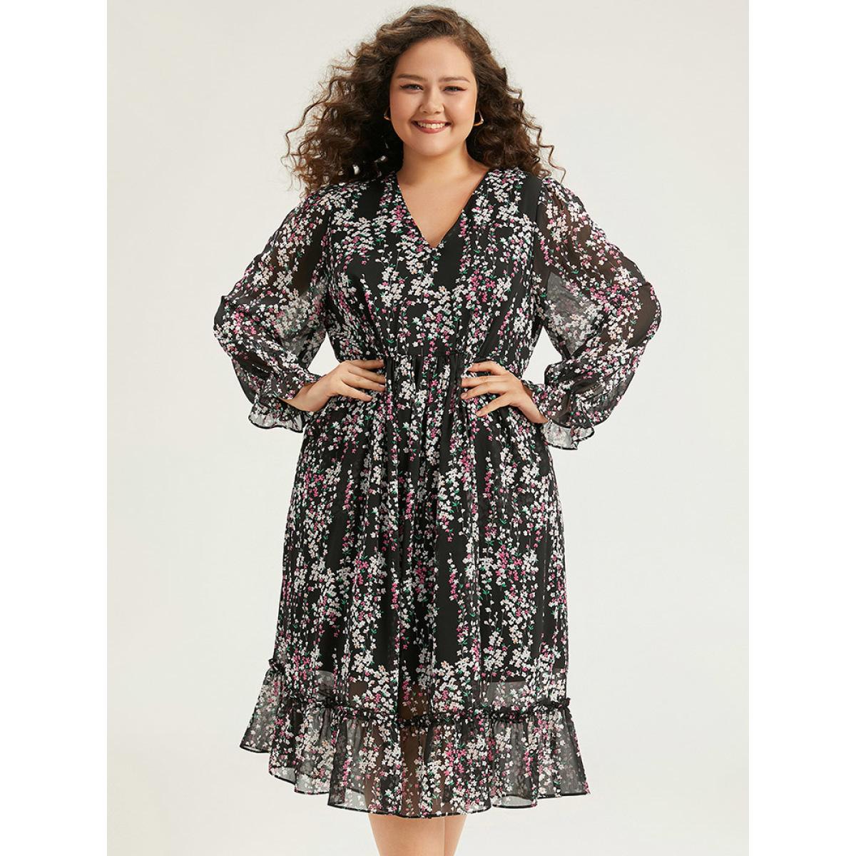 Plus Size Ditsy Floral Chiffon Patchwork Frill Trim Dress Black Women Elegant See through V-neck Long Sleeve Curvy Midi Dress BloomChic 14-16/1X Product Image