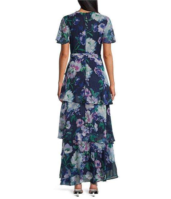 Ignite Evenings Short Sleeve Tiered Faux Wrap Floral Chiffon Maxi Dress Product Image