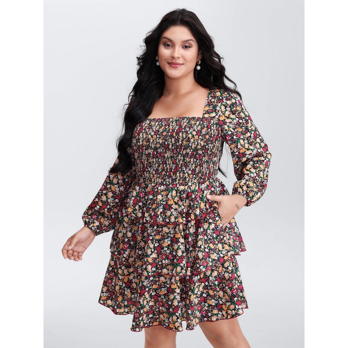 Plus Size Floral Shirred Layered Skirt Mini Dress Black Women Timeless Shirred Square Neck Long Sleeve Curvy BloomChic 22-24/3X Product Image