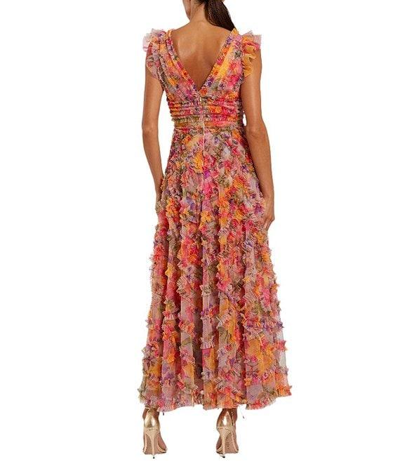 Mac Duggal Mesh Floral Print V-Neck Sleeveless Ruffle A-Line Maxi Dress Product Image