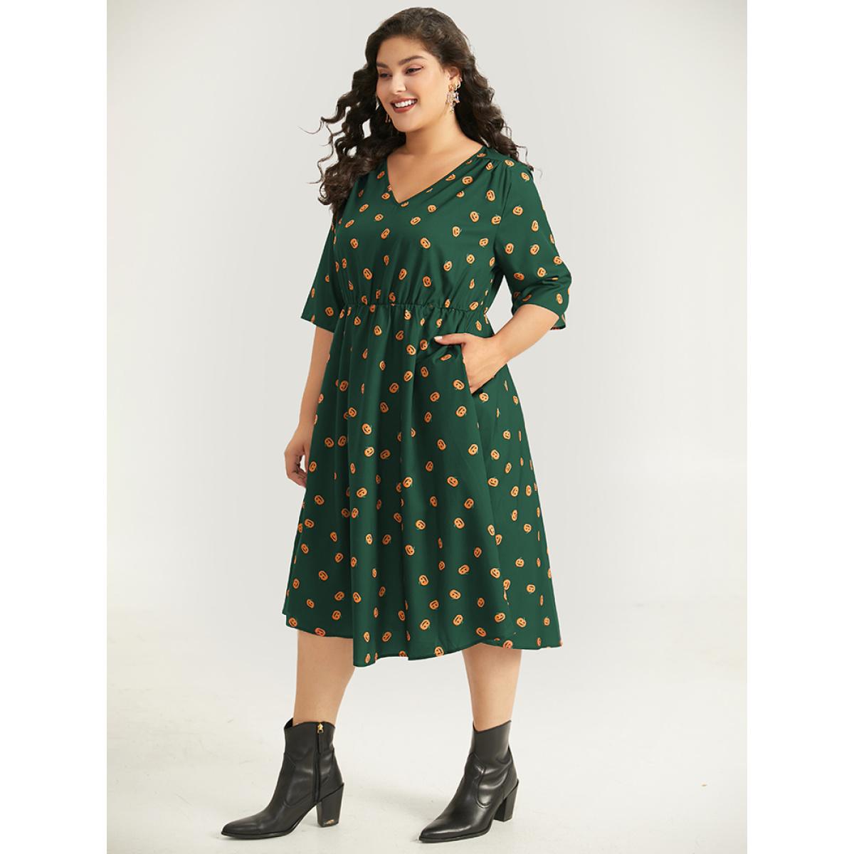 Plus Size Halloween Pumpkin Print Pocket Elastic Waist Dress DarkGreen Women Elegant Gathered V-neck Half Sleeve Curvy Midi Dress BloomChic 12/L Product Image