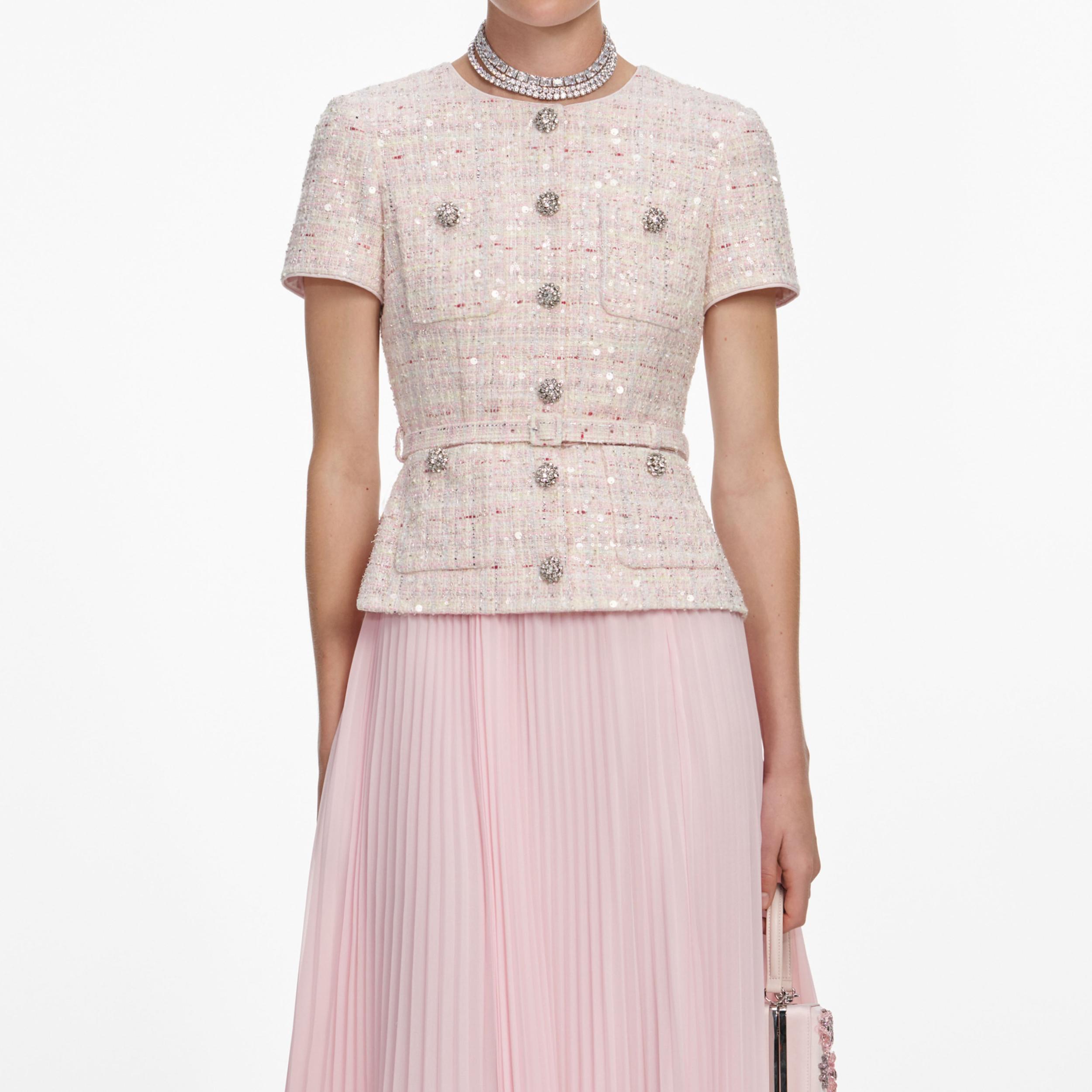 Pink Sequin Boucle Tailored Midi Dress Product Image