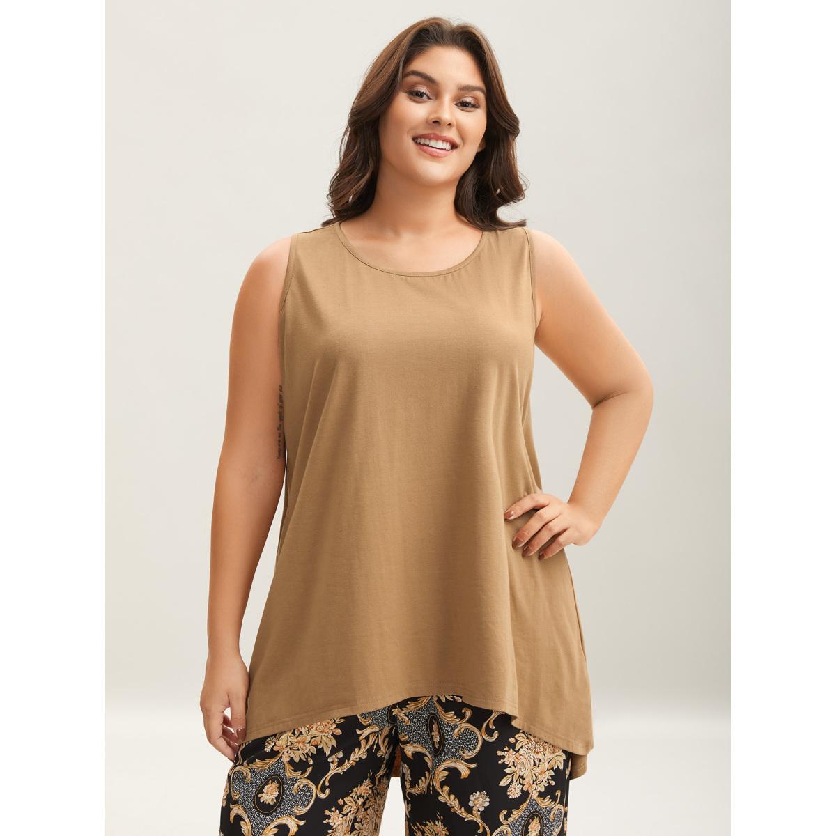 Plus Size Boho Print Color Contrast Loungewear Set Women Tan Non Sleeveless Round Neck Casual Loungewear Sets BloomChic 26/4X Product Image