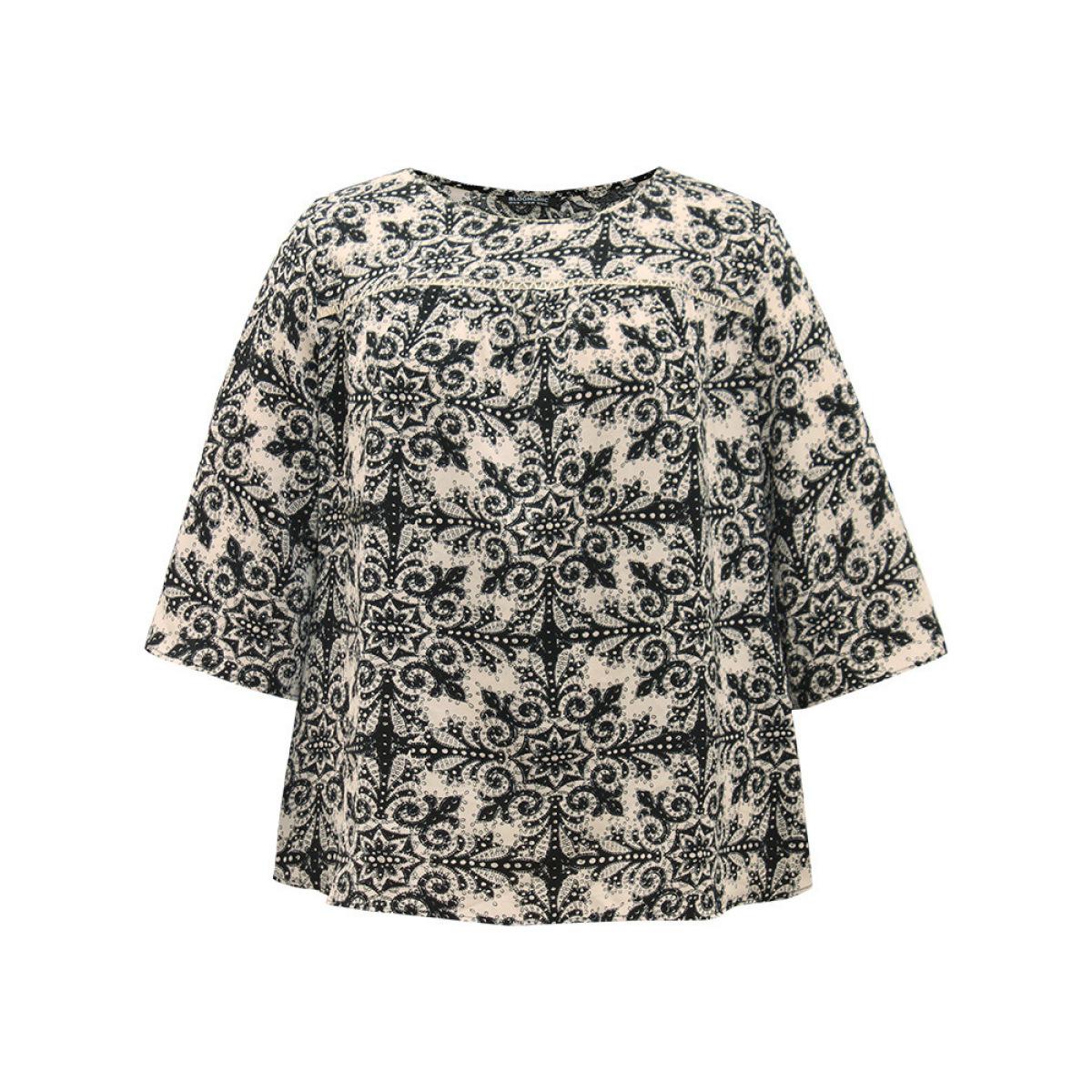 Plus Size LightBrown Paisley Print Stitch Bell Sleeve Blouse Women Vacation Elbow-length sleeve Round Neck Dailywear Blouses BloomChic 22-24/3X Product Image