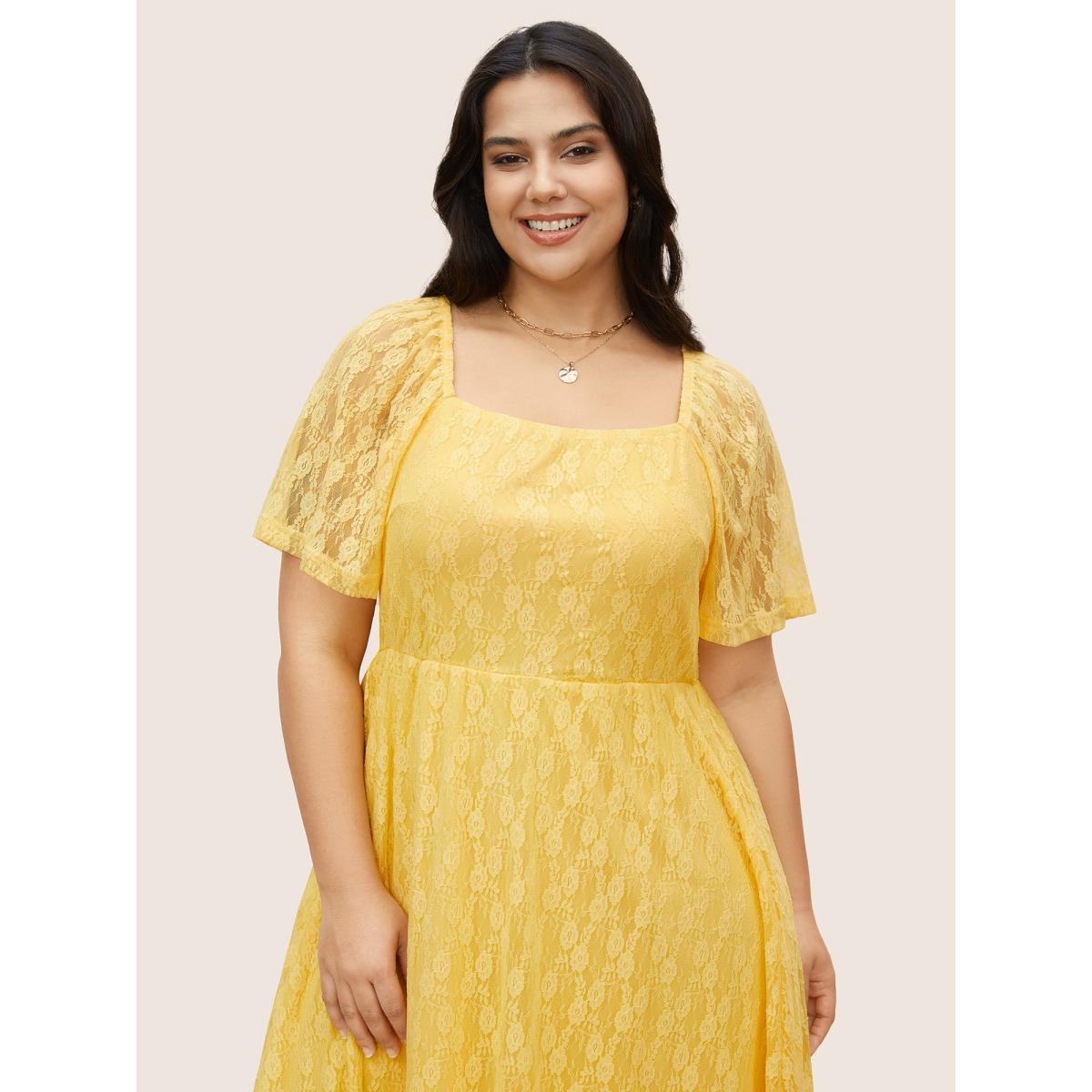 Plus Size Crochet Lace Mesh Ruffle Sleeve Dress Yellow Women Elegant Woven ribbon&lace trim Square Neck Short sleeve Curvy BloomChic 26/4X Product Image