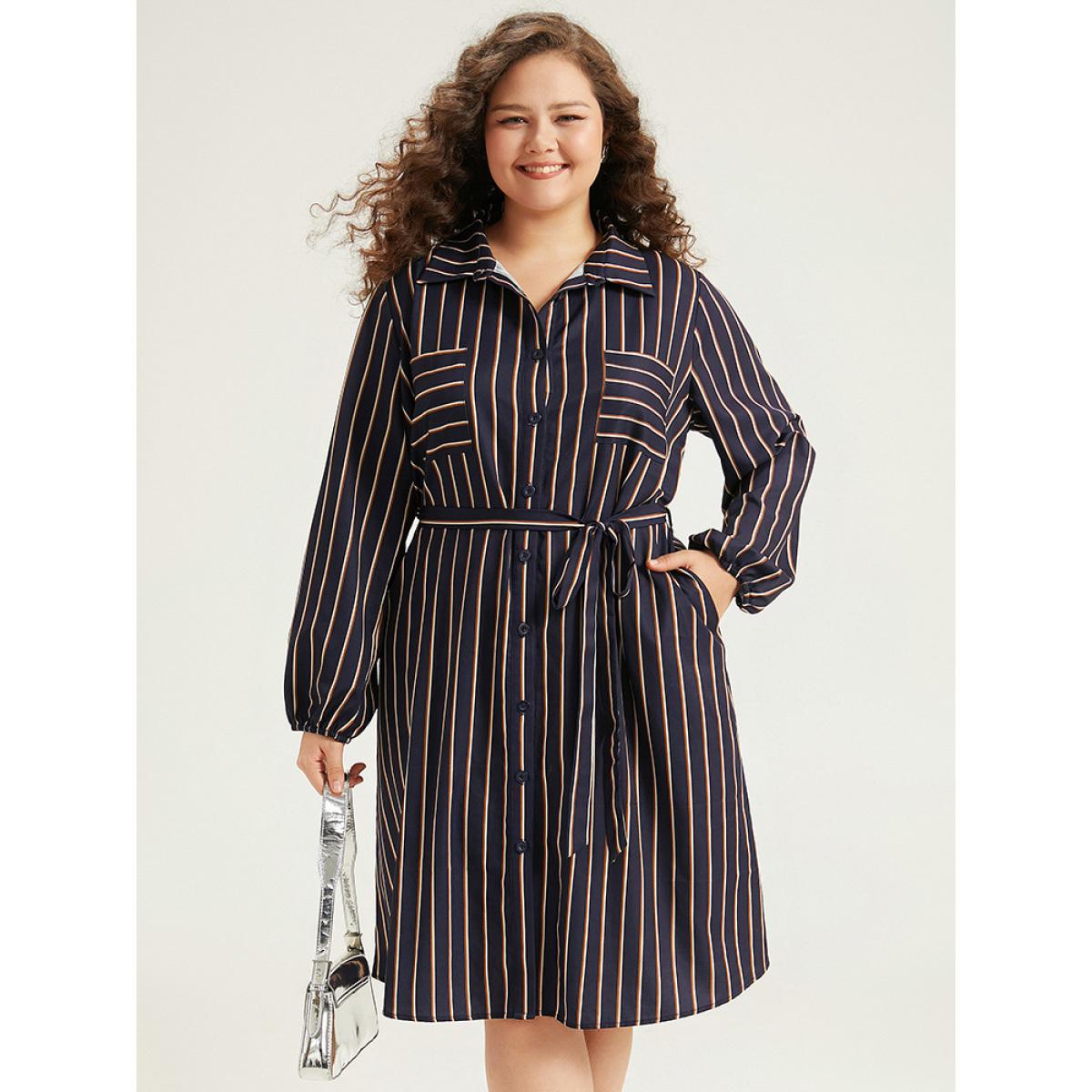 Plus Size Striped Belted Lantern Sleeve Button Through Dress Indigo Women At the Office Belted Shirt collar Long Sleeve Curvy Midi Dress BloomChic 18-20/2X Product Image