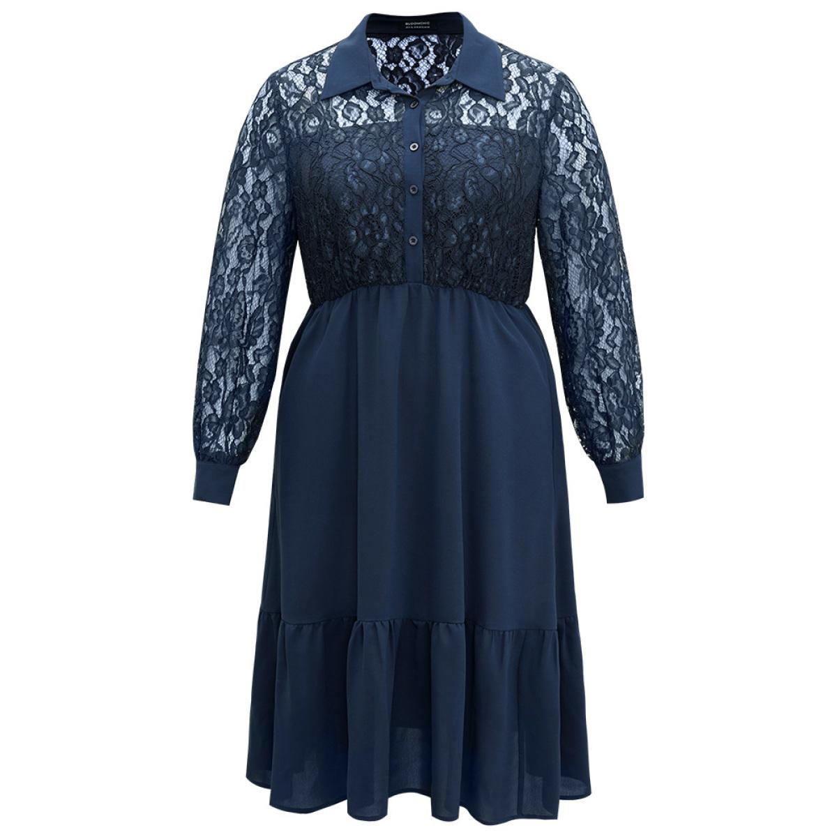 Plus Size Contrast Lace Shirt Collar Ruffle Hem Dress Indigo Women Office Plain Shirt collar Long Sleeve Curvy Midi Dress BloomChic 28/5X Product Image