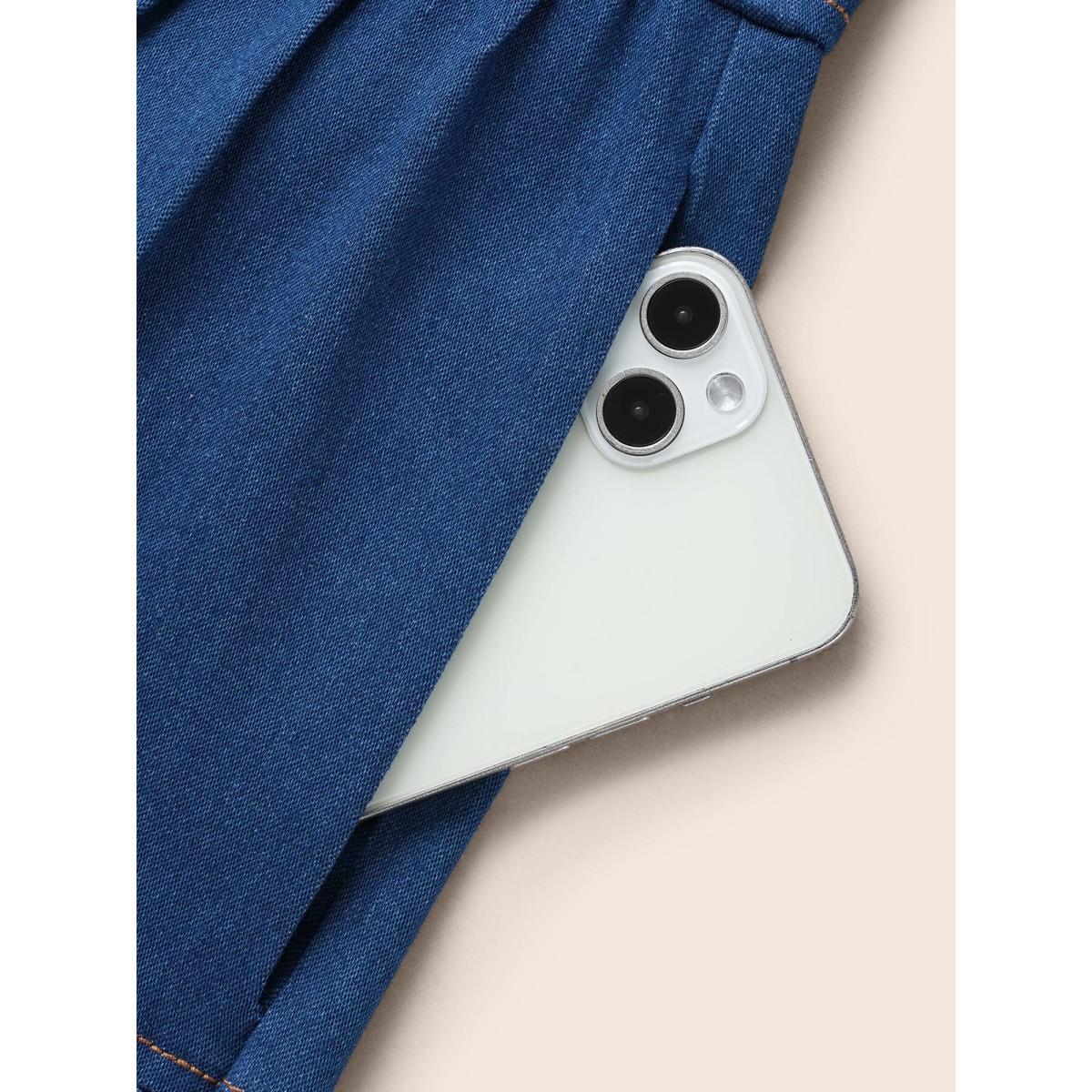 Plus Size Stretch Denim Pockets Tiered Midi Dress DarkBlue Women Resort Topstitching V-neck Short sleeve Curvy BloomChic 26/4X Product Image