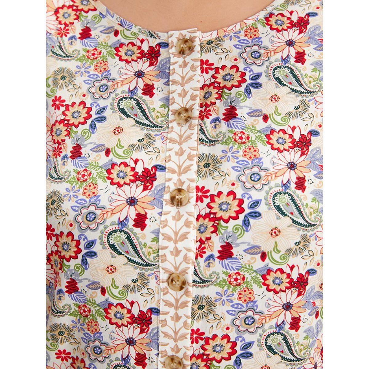 Plus Size Multicolor Floral & Paisley Graphic Button Up Lantern Sleeve Blouse Women Vacation Half Sleeve Round Neck Dailywear Blouses BloomChic 14-16/1X Product Image