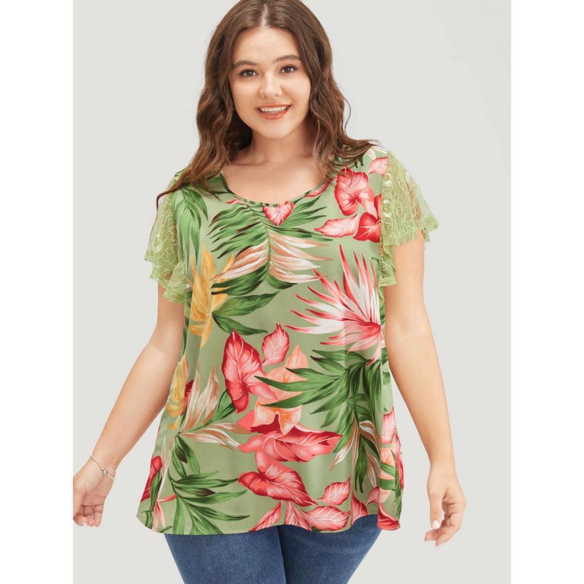 Plus Size Emerald Plant Print Mesh Ruffle Sleeve Blouse Women Elegant Short sleeve Round Neck Dailywear Blouses BloomChic 12/L Product Image