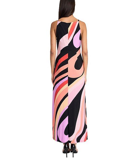 Donna Morgan Boat Neck Sleeveless Abstract Stripe Motif Matte Jersey Column Maxi Dress Product Image