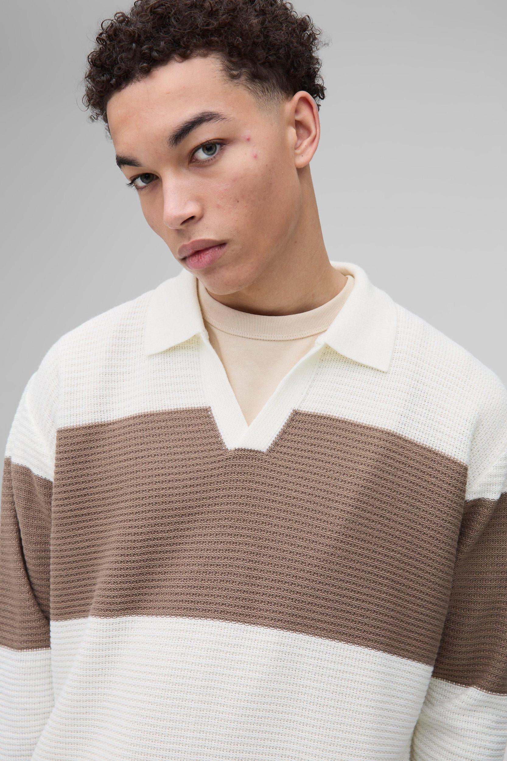 Oversized Ribbed Colour Block Knitted Polo | boohooMAN USA Product Image