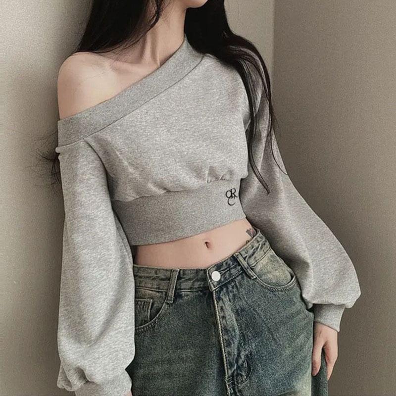 Puff Sleeve Cold-Shoulder Plain Crop Sweatshirt Product Image