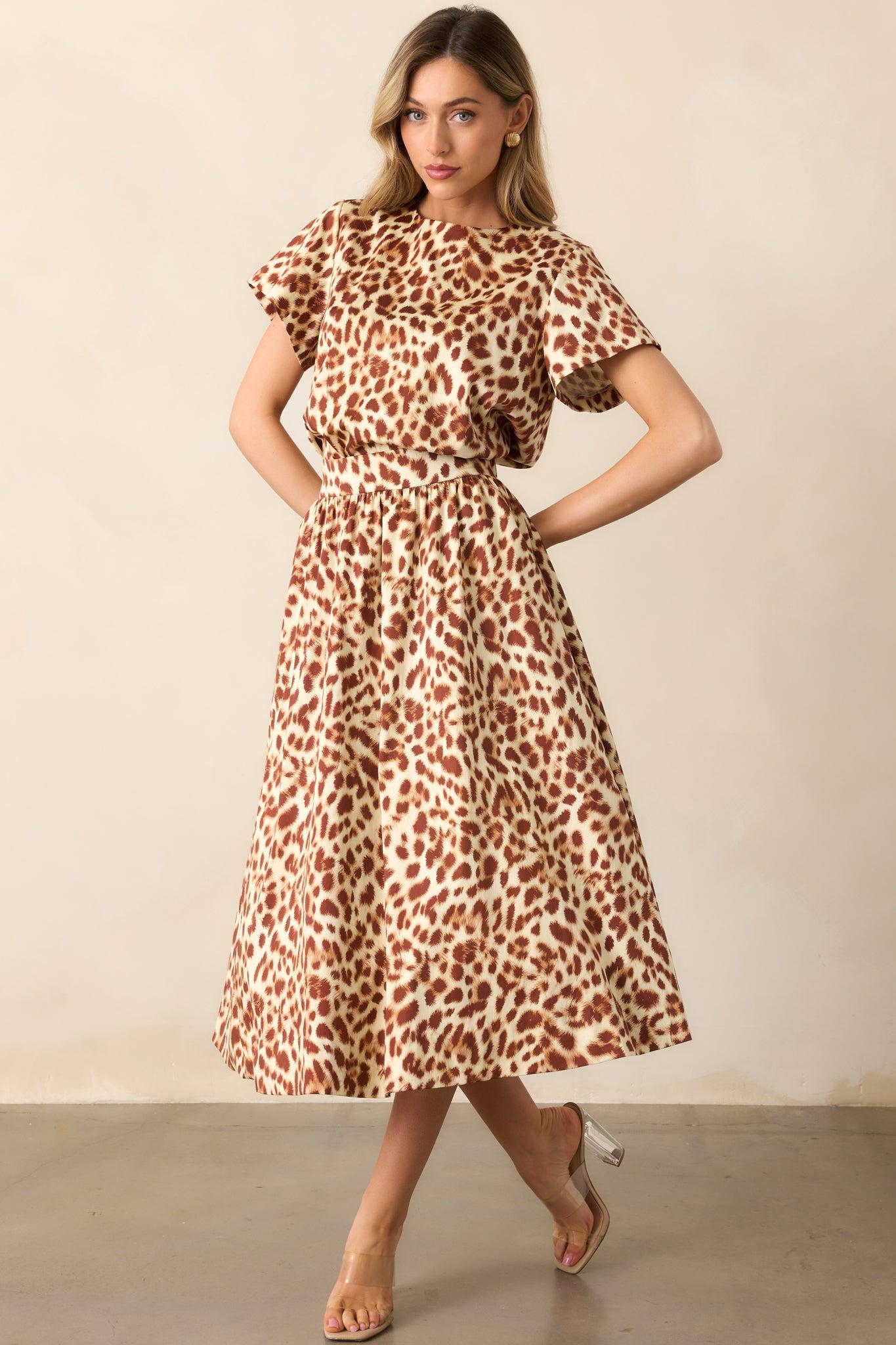Prosperina Erica Brown Leopard Print Cotton Midi Skirt Product Image