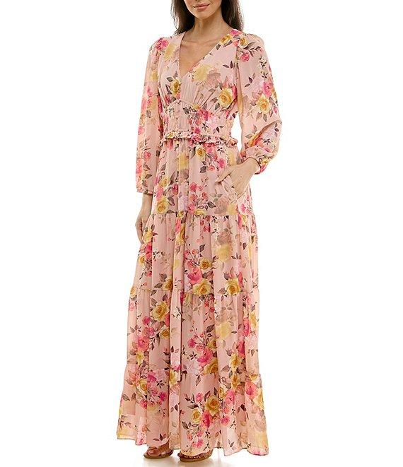 Moda Tara V-Neck Long Sleeve Floral Print A-Line Maxi Dress Product Image