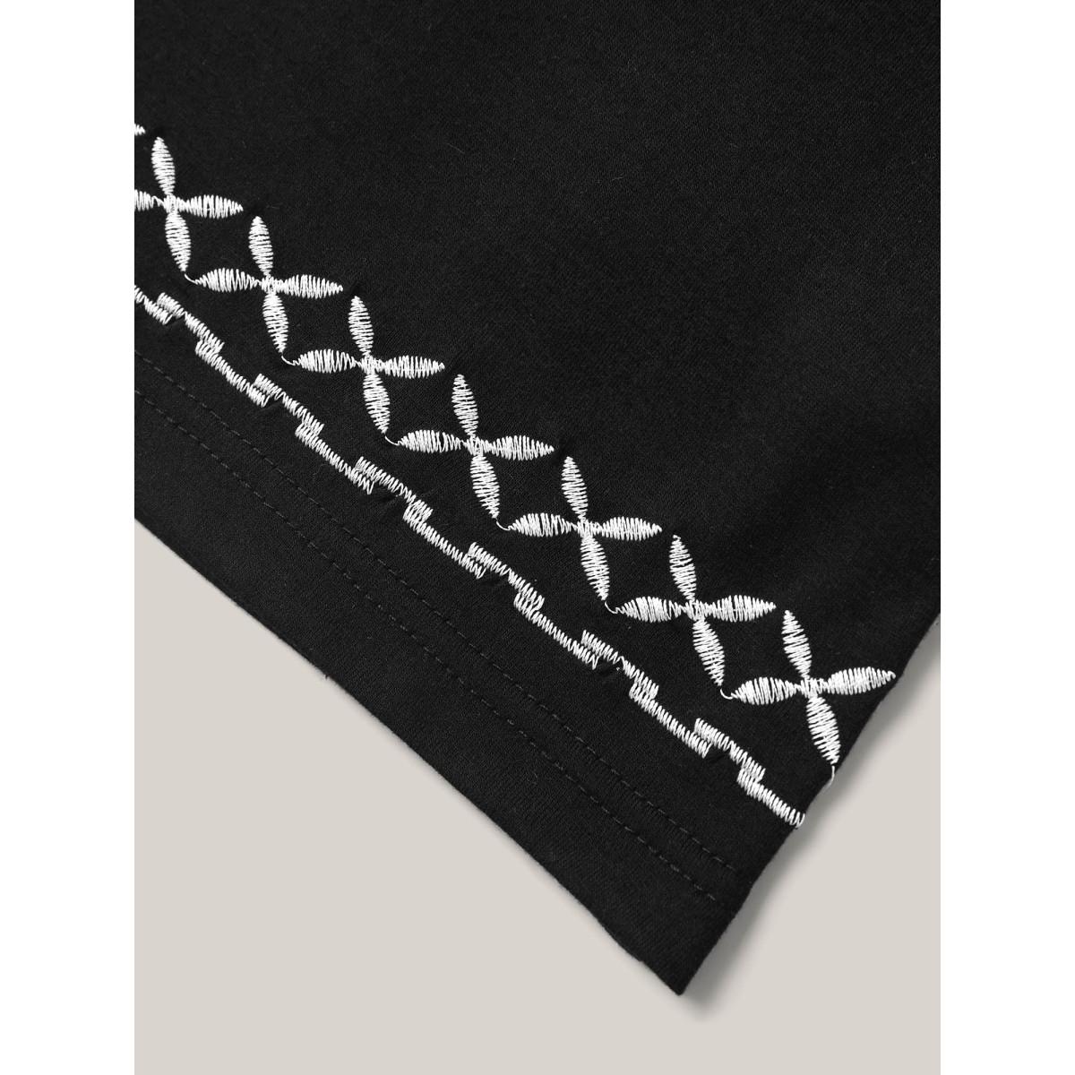 Plus Size Crisscross Embroidery Straight-Fit T-Shirt Black Women Gathered Round Neck Vacation T-shirts BloomChic 12/L Product Image