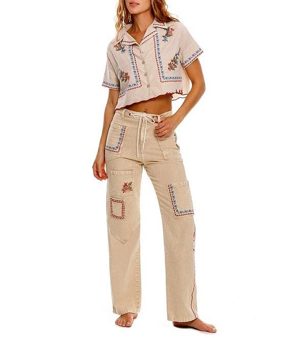 Agua Bendita Itsy Blush Floral Embroidered Notch Collar Short Sleeve Crop Shirt Product Image