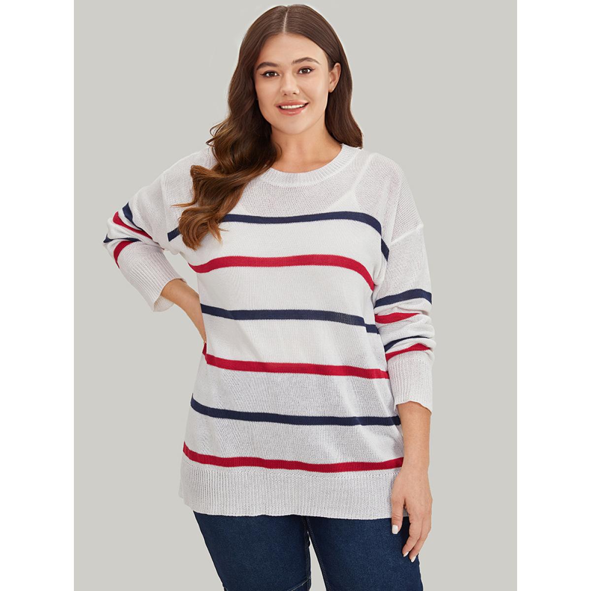 Plus Size Striped Contrast Drop Shoulder Pullover White Women Casual Bodycon Long Sleeve Round Neck Dailywear Pullovers BloomChic 18-20/2X Product Image