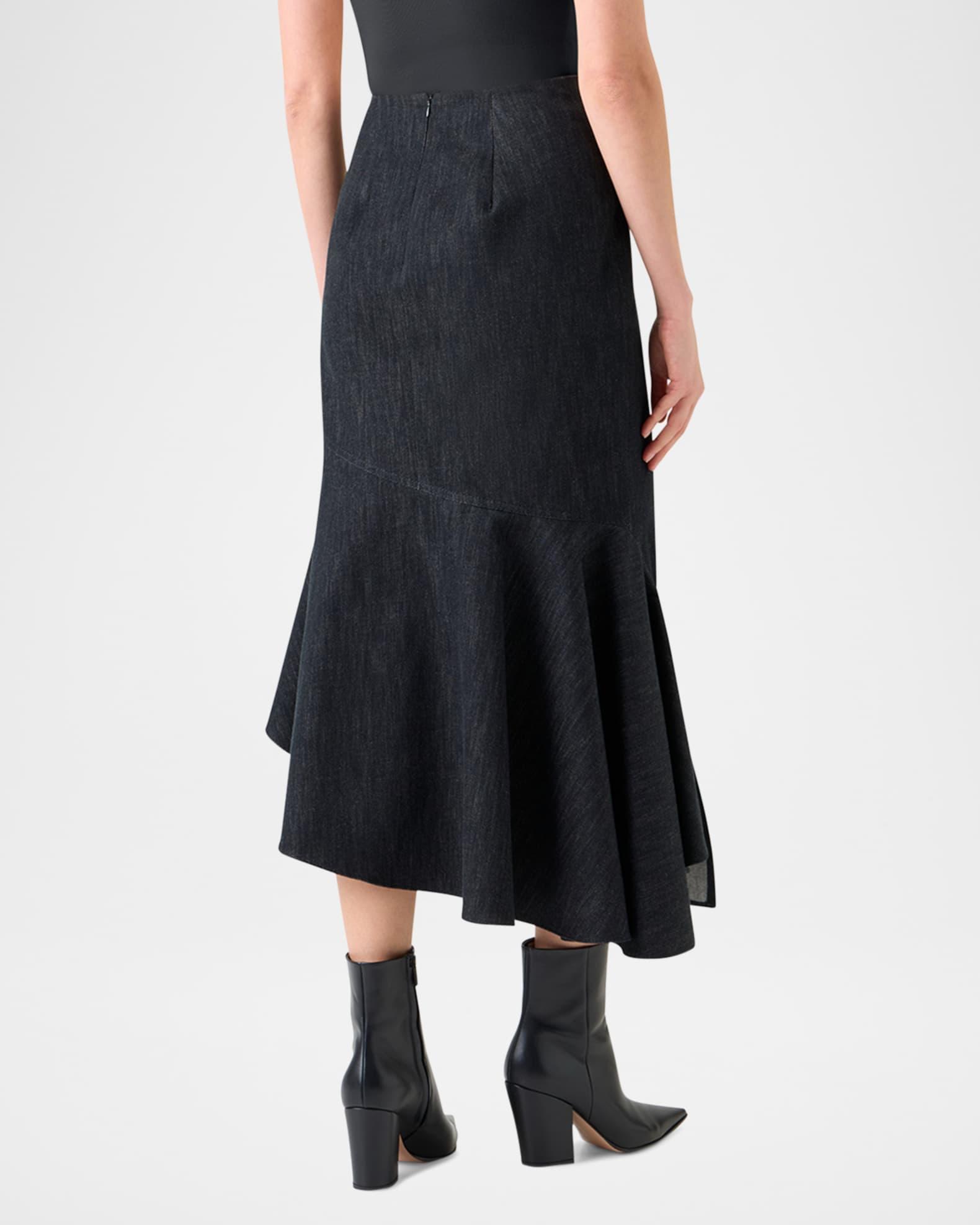 Asymmetric Flared-Hem Stretch Denim Midi Skirt Product Image