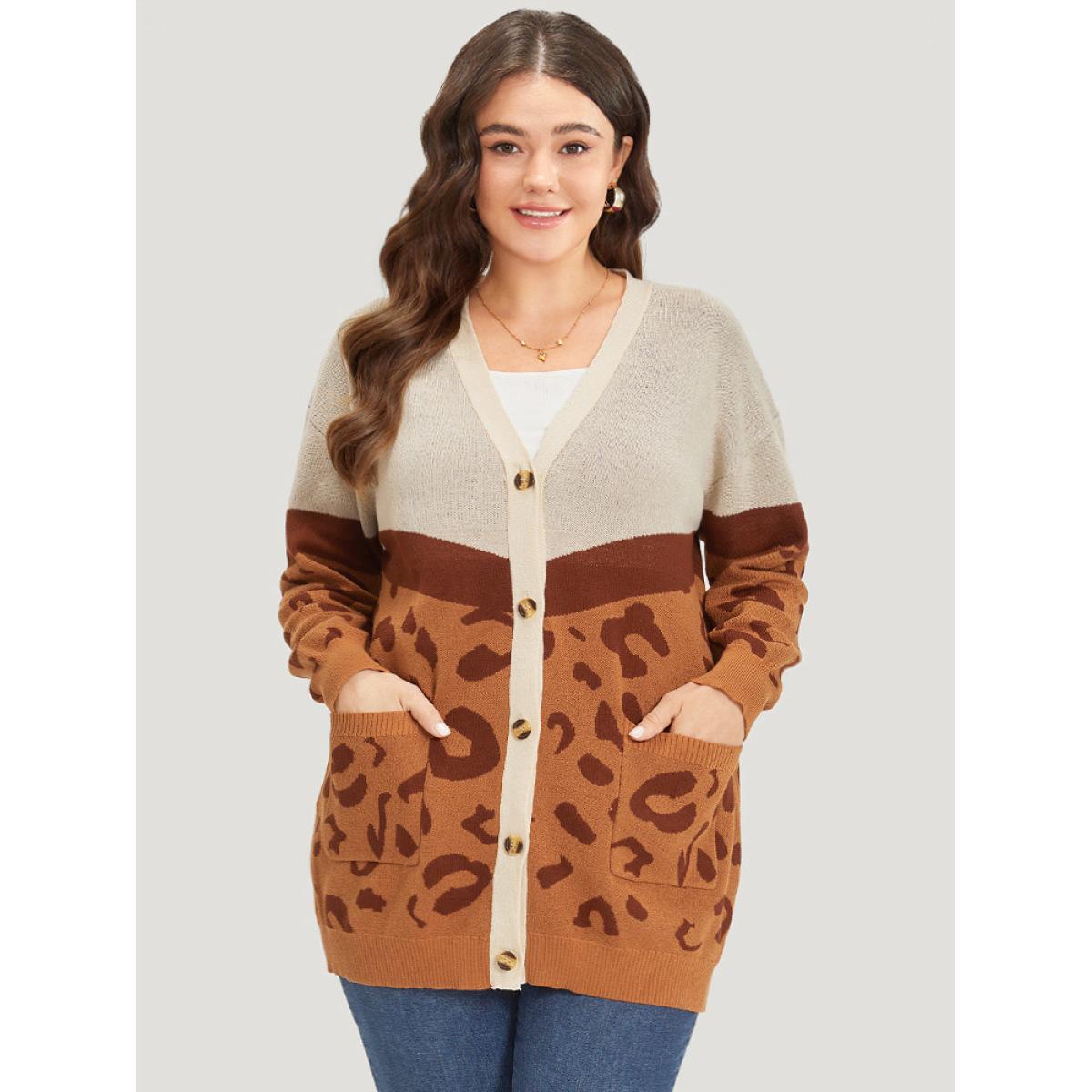 Plus Size Leopard Print Contrast Button Down Patched Pocket Cardigan Chocolate Women Casual Loose Long Sleeve Dailywear Cardigans BloomChic 22-24/3X Product Image