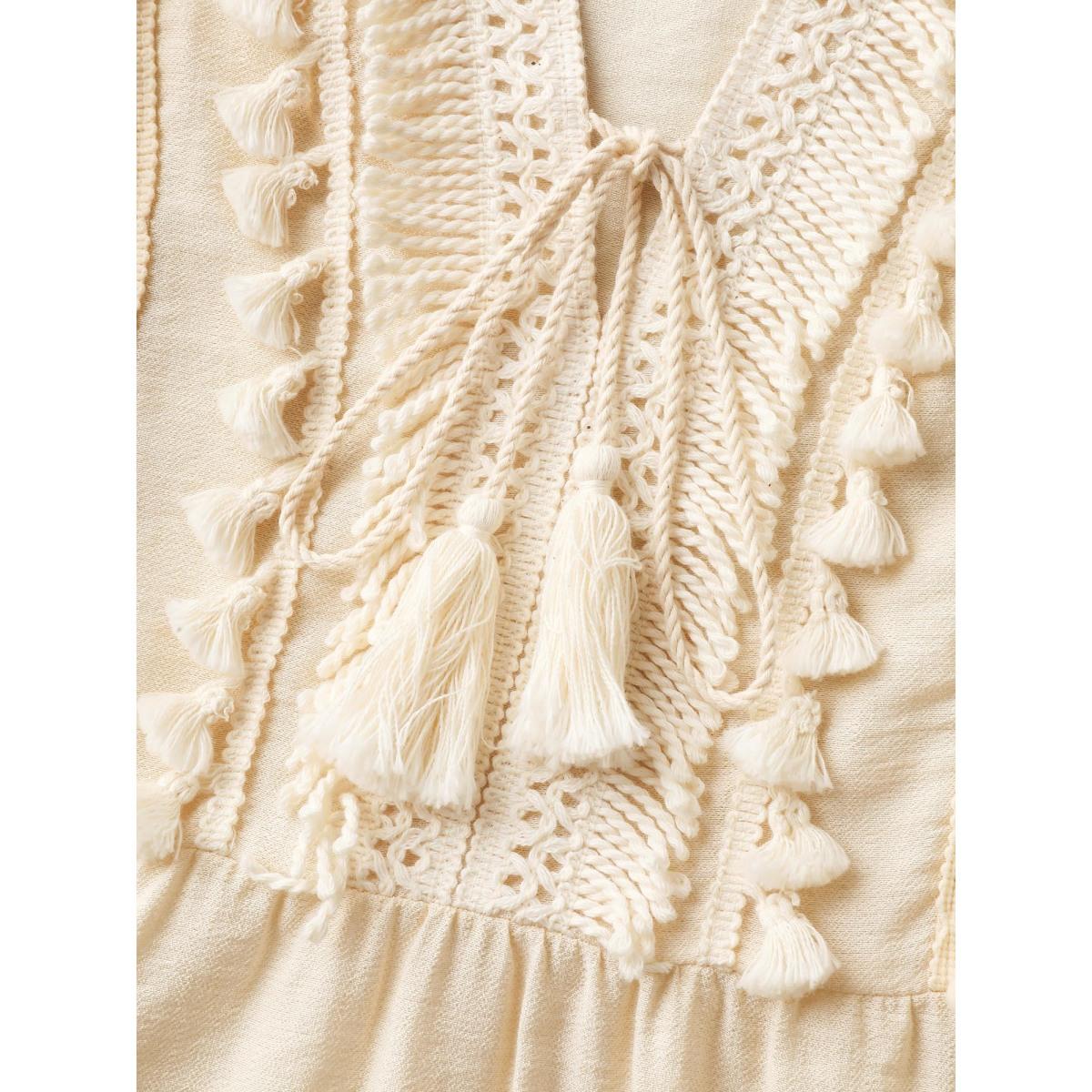 Plus Size Pure Textured Tassels Tiered Tank Top Women Beige Boho Tie knot Notched collar Vacation Tank Tops Camis BloomChic 18-20/2X Product Image