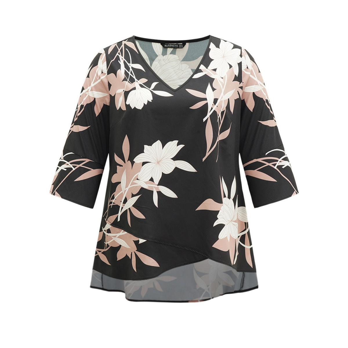 Plus Size Black Floral Print Bell Sleeve Asymmetrical Hem Blouse Women Elegant Elbow-length sleeve V-neck Dailywear Blouses BloomChic 14-16/1X Product Image